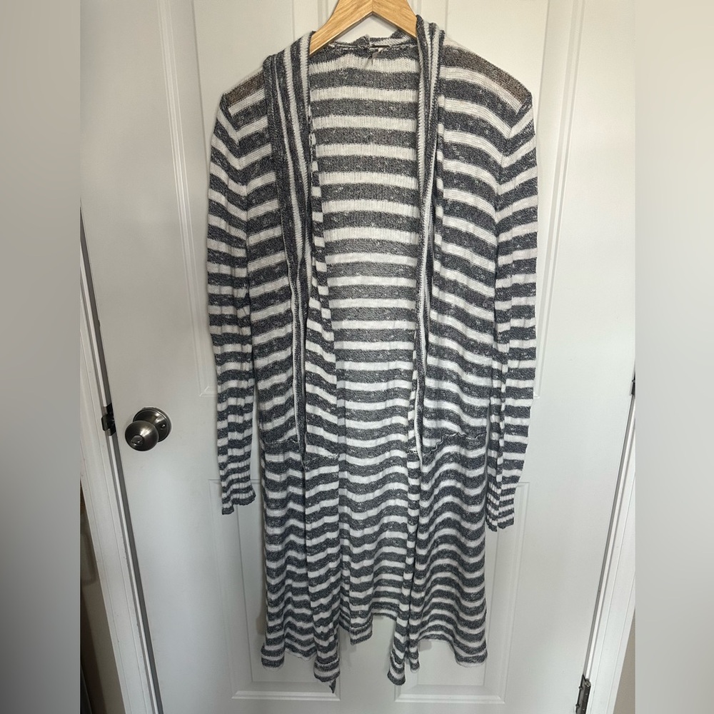 Free People “Forget Me Not” Striped Knit Cardigan in Gray and White